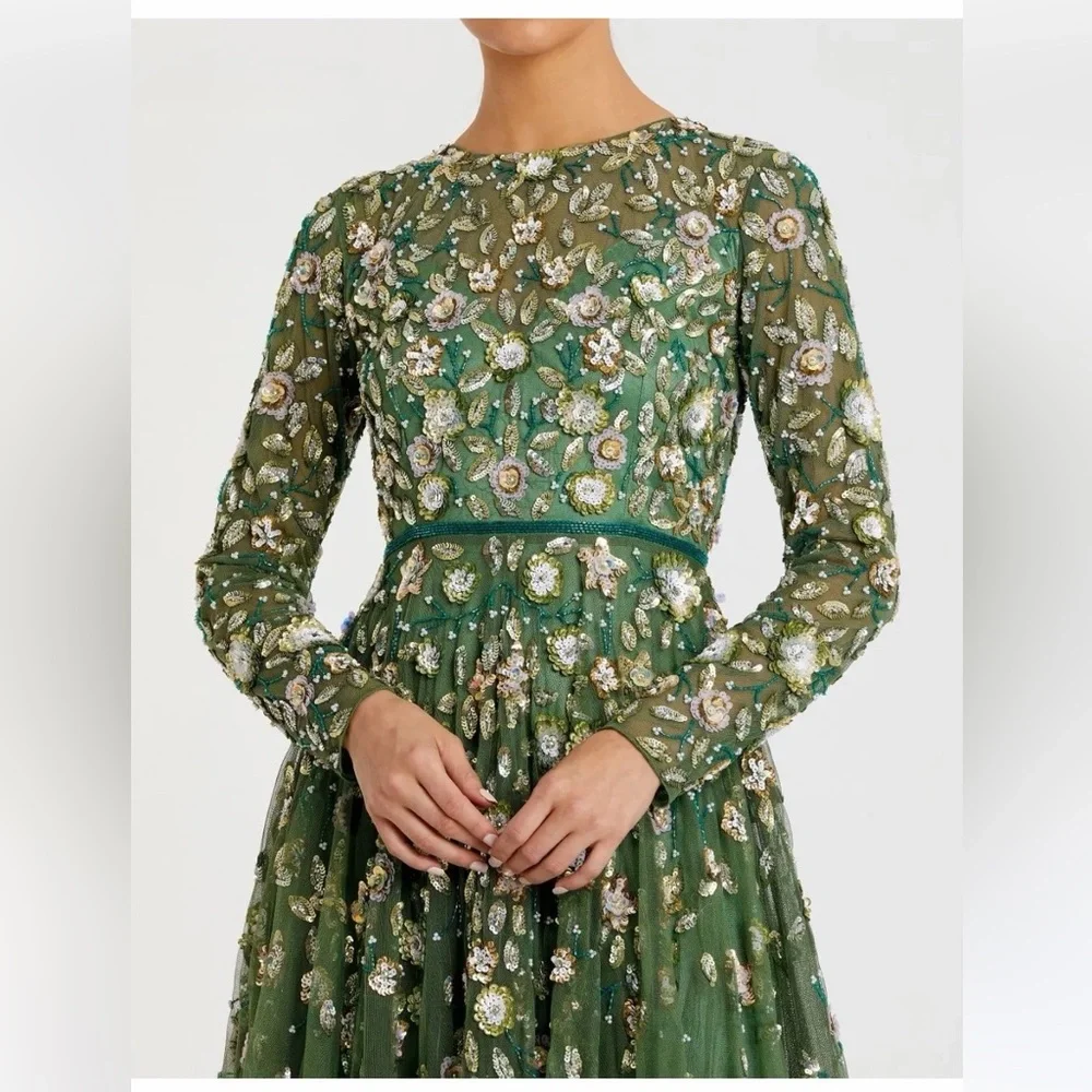 Mac Duggal Green Embellished Long Sleeve A Line Gown - Picture 3 of 9
